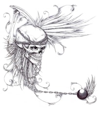 a drawing of a skull with a ball and chain