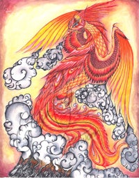 a drawing of a phoenix on a cloud