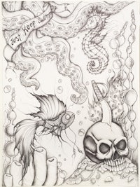 a drawing of an octopus, a skull and an octopus