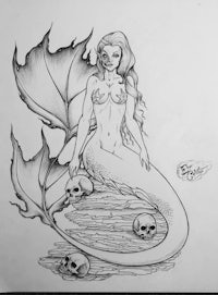 a drawing of a mermaid with skulls on her back