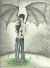 a drawing of a couple hugging with wings