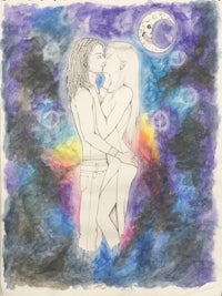 a drawing of a couple kissing in front of the moon