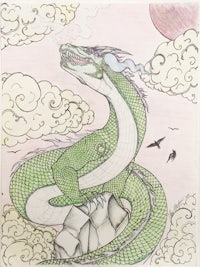 a drawing of a green dragon on a rock