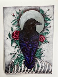 a drawing of a raven sitting on a skeleton