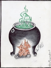 a drawing of a cauldron on fire