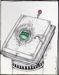 a drawing of a book with a green eye in it