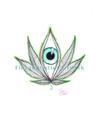 a drawing of an eye on a marijuana leaf