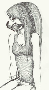 a drawing of a girl wearing a gas mask