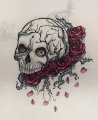 a drawing of a skull with roses and butterflies