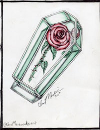 a drawing of a rose in a coffin