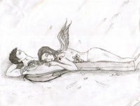 a drawing of a man and woman laying on the ground