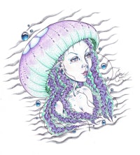 a drawing of a woman with a jellyfish on her head