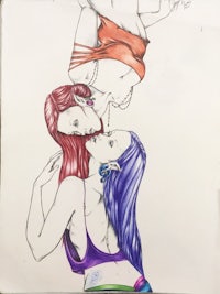 a drawing of two women with colorful hair