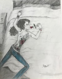 a drawing of a girl laying on a bed with a rose