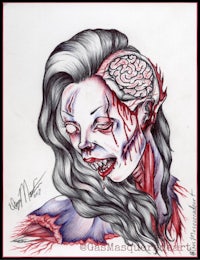 a drawing of a zombie with blood on her head