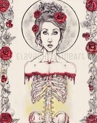 a drawing of a woman with a skeleton and roses