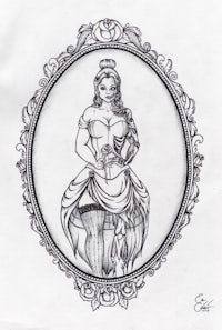 a drawing of a lady in an ornate frame