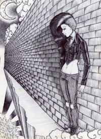 a black and white drawing of a girl standing on a brick wall