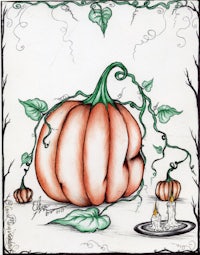 a drawing of a pumpkin with leaves on it