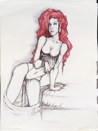 a drawing of a woman with red hair sitting on a bed