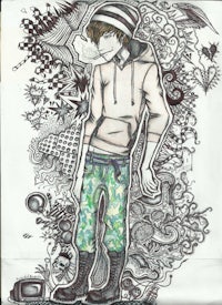 a drawing of a boy wearing a hat and pants