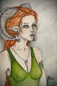 a drawing of a woman with red hair and horns