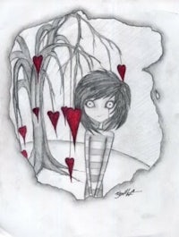 a drawing of a girl with red hearts hanging from a tree