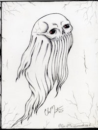 a drawing of a skull with long hair and red eyes