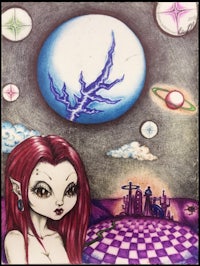 a drawing of a girl with red hair and a moon in the background